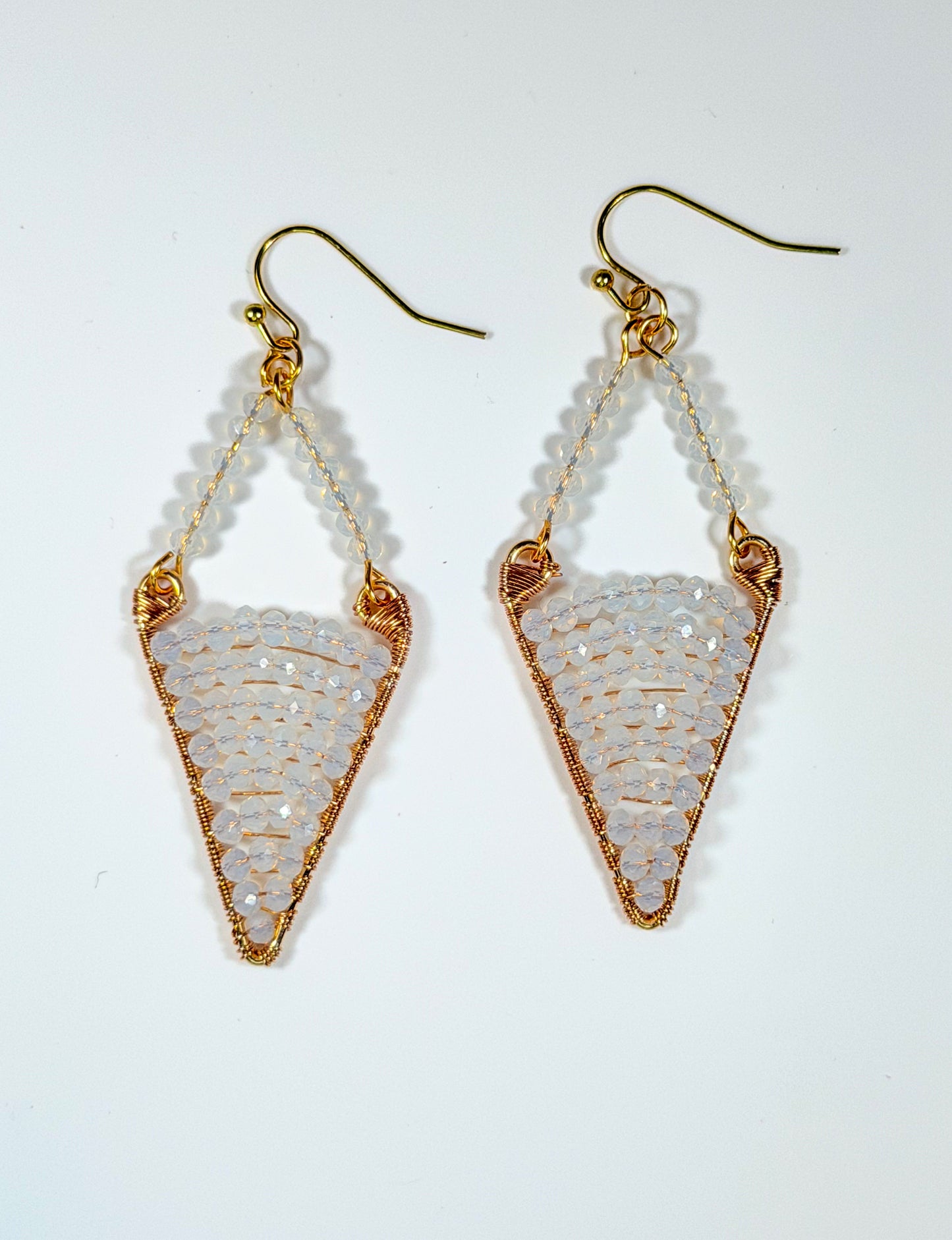 White Crystal Faceted Drop Diamond Shaped Earrings with unique design and Golden Accents
