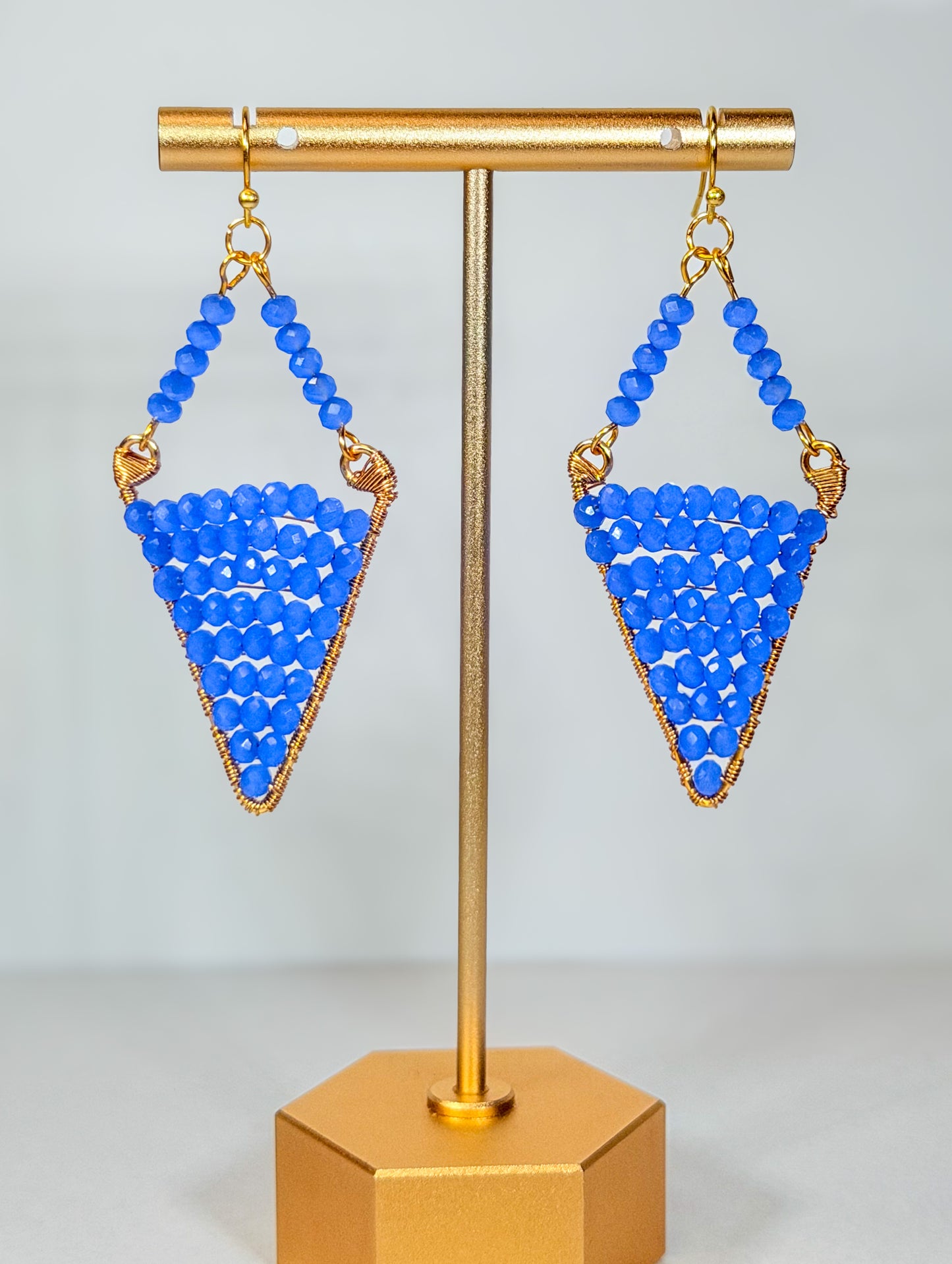 Electric Blue Diamond earrings with Golden wire wrapped accents-Statement Earrings