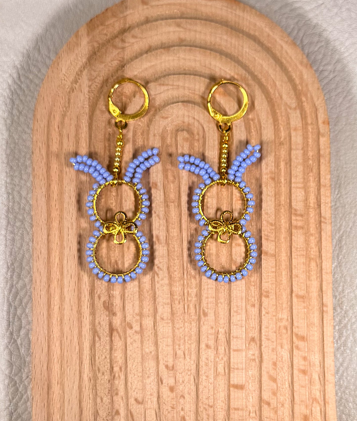Easter Bunny in lilac with 14k gold bowtie and huggie closure earrings in a warm golden color