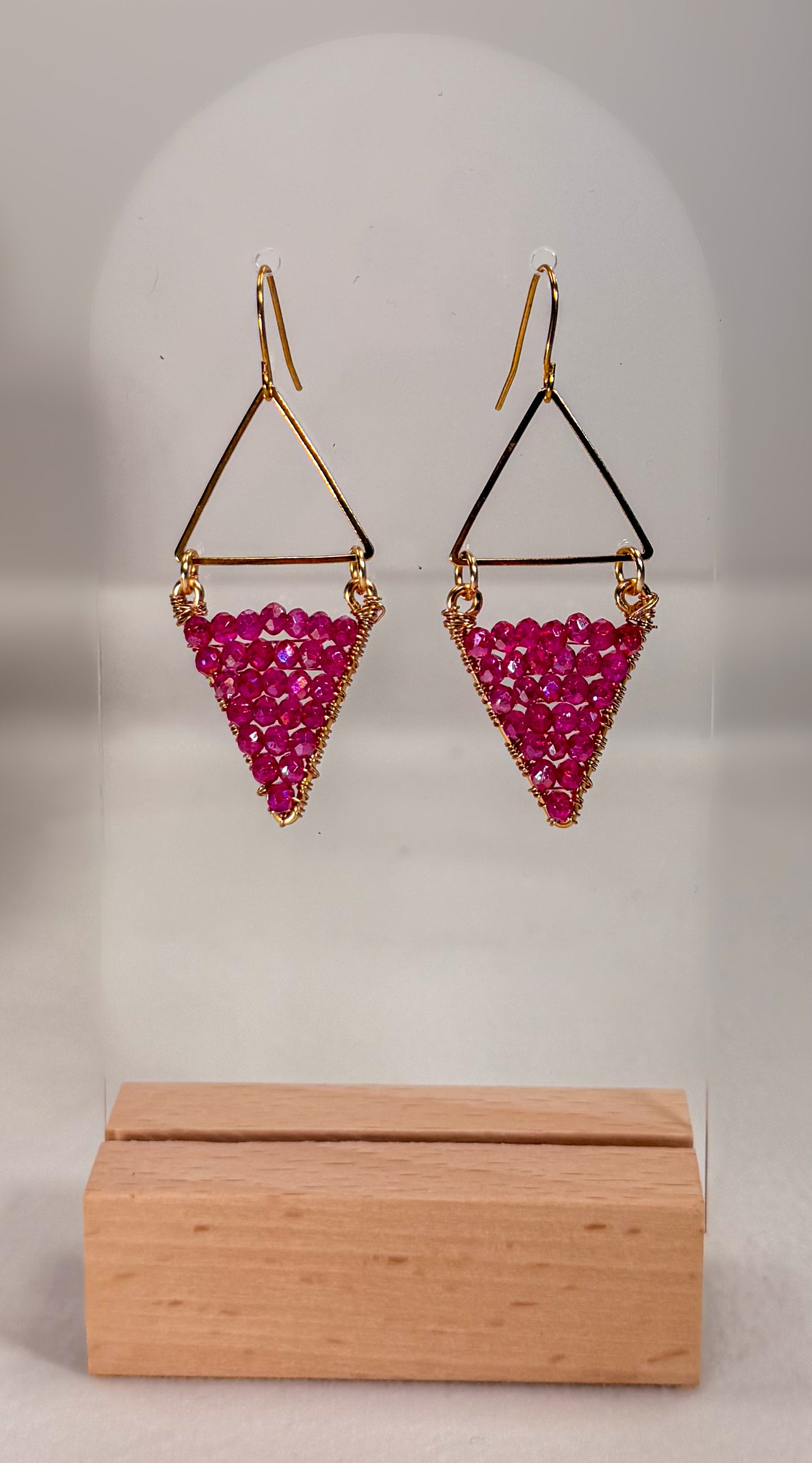 Diamond bright pink crystal beads dangle earrings with gold triangle and huggie Closure