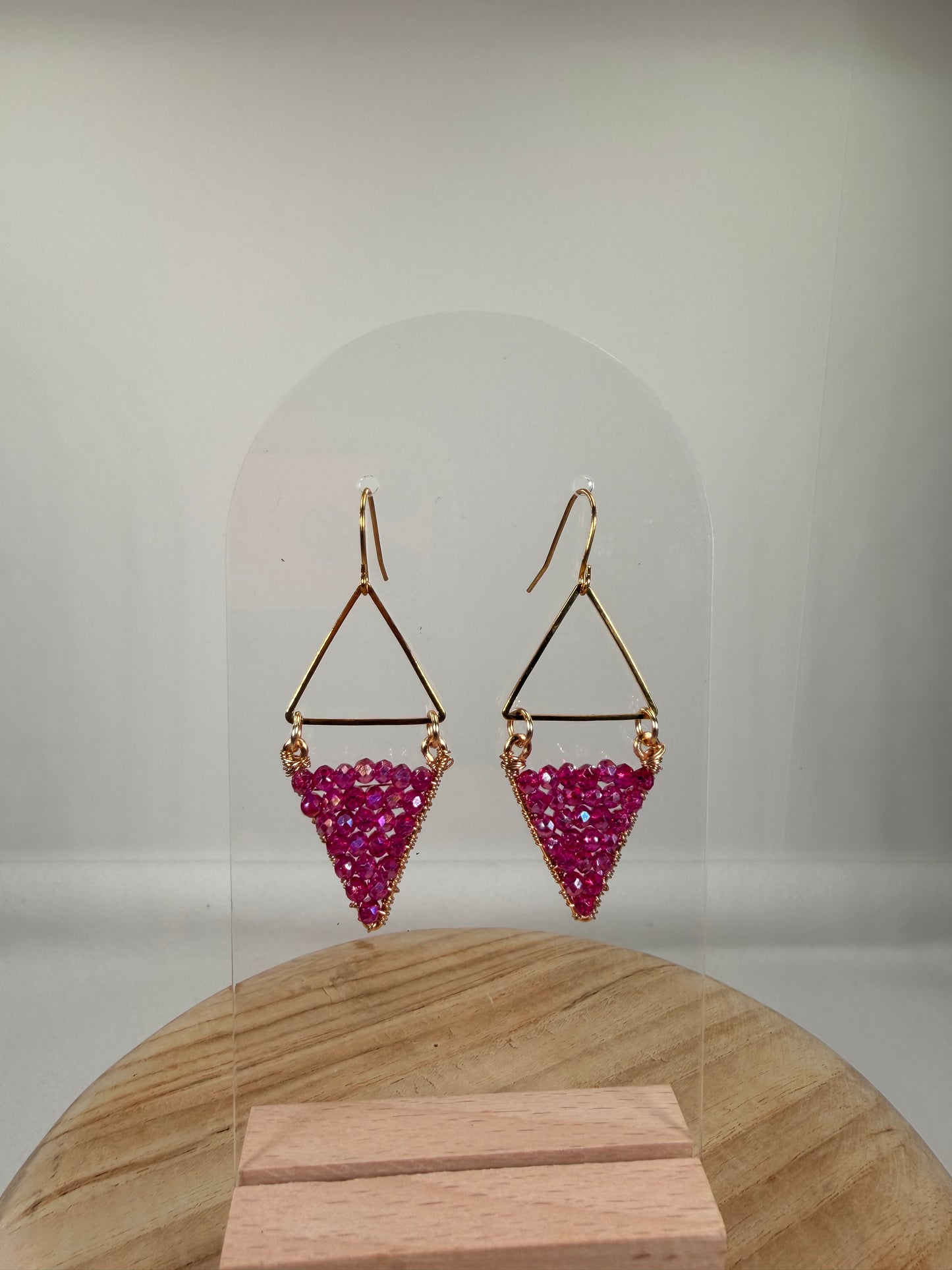 Diamond bright pink crystal beads dangle earrings with gold triangle and huggie Closure