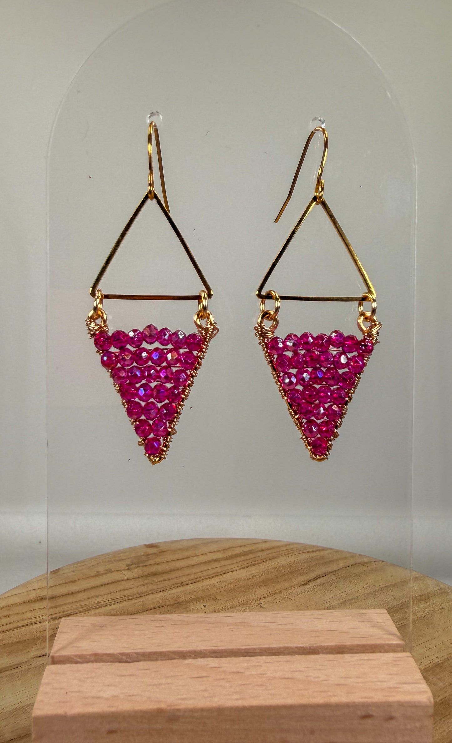 Diamond bright pink crystal beads dangle earrings with gold triangle and huggie Closure