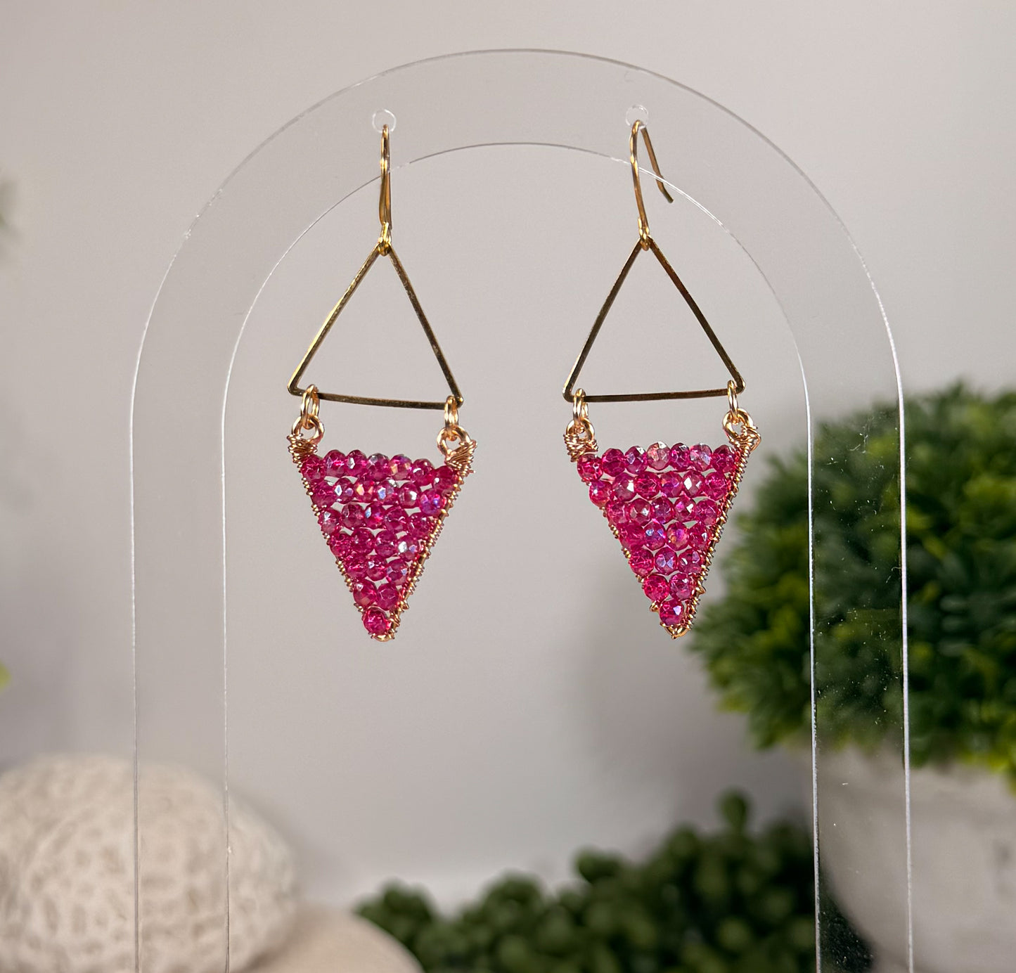 Diamond bright pink crystal beads dangle earrings with gold triangle and huggie Closure
