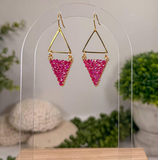 Diamond bright pink crystal beads dangle earrings with gold triangle and huggie Closure